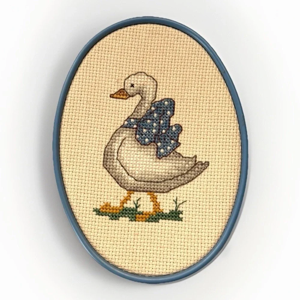 Vintage Hand Embroidered Country Goose Wall Art Blue Frame Cottagecore Decor